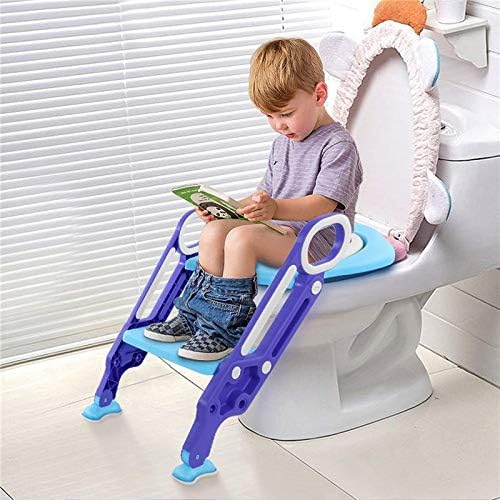 Potty Training Toilet Seat with Step Stool Ladder for Kids and Toddlers Adjustable Toilet Training Seat with Soft Not-Cold Padded Seat Safe Handles and Non-Slip Wide Steps, Purple and Blue