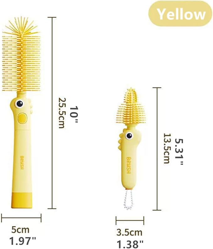 2Pcs Bottle Brush Cleaning Set Silicone Cleaner Brushes for Mason jar,Water Bottles,Baby Bottles,Tumblers,Drinking Glasses Multifunctional Portable Cute (Yellow) Small Cup Scrubber