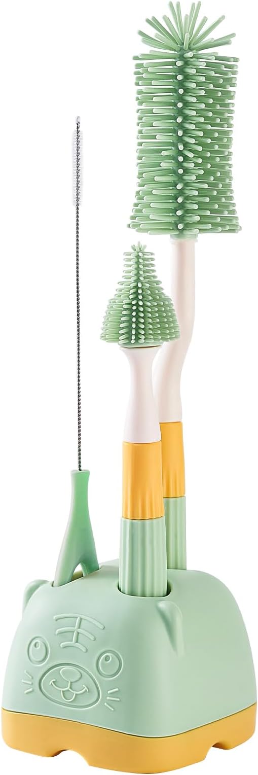 3-Pack Baby Silicone Bottle Brush Set, Bottle Cleaner, Bottle Brush with Storage Holder, Food Grade Silicone, Effortless Scrubbing, Baby Bottle Cleaning Brush (Green)