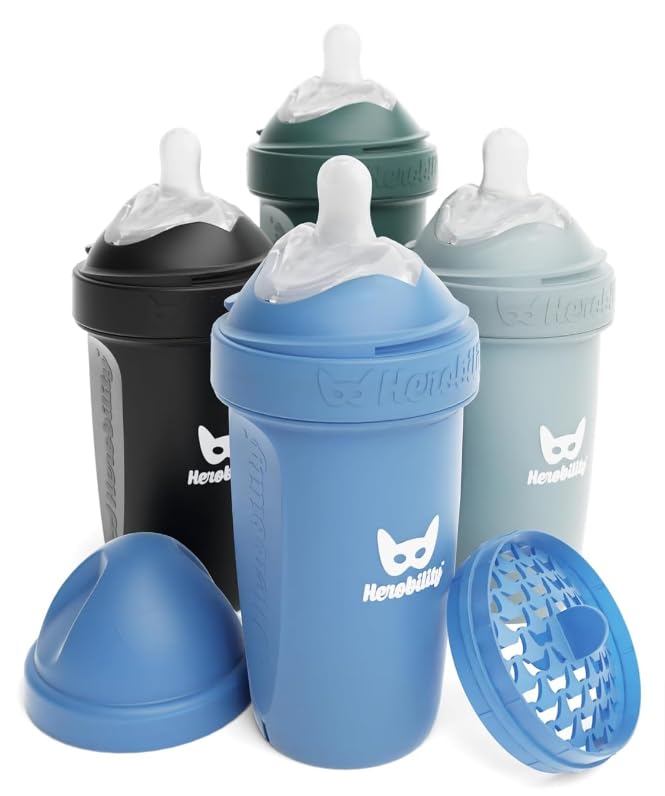 Herobility Double Anti-Colic Baby Bottles – 8.5 fl oz/240ml – 4-Pack – Multicolor – Denim, Black, Dusky Green, Gray