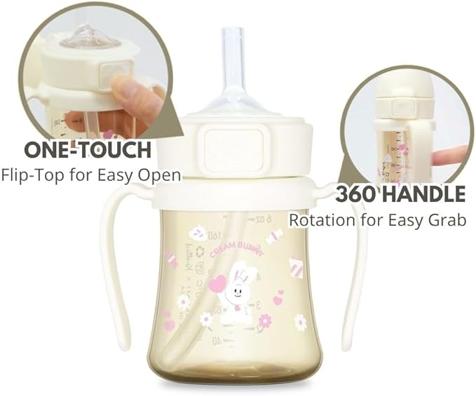 GROSMIMI x KNOTTED Flip Top Spill Proof Sippy Cup, PPSU, BPA Free, Stage 2 Straw for Toddlers (Cream bunny 6oz)