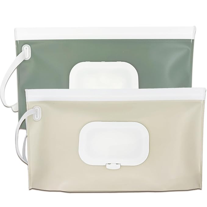 Wipe Dispenser,2-Pack Portable Refillable Wipe Container,Reusable Travel Baby Wipes Dispenser, Waterproof and Dustproof(Sage Green & Cream)