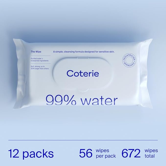 Coterie Baby Wipes for Sensitive Skin, Plant-Based and Plastic-Free Fibers, 99% Water, Hypoallergenic, pH Balanced, Unscented, Clean and Gentle Baby Essentials, 12 Pack, 672 Count