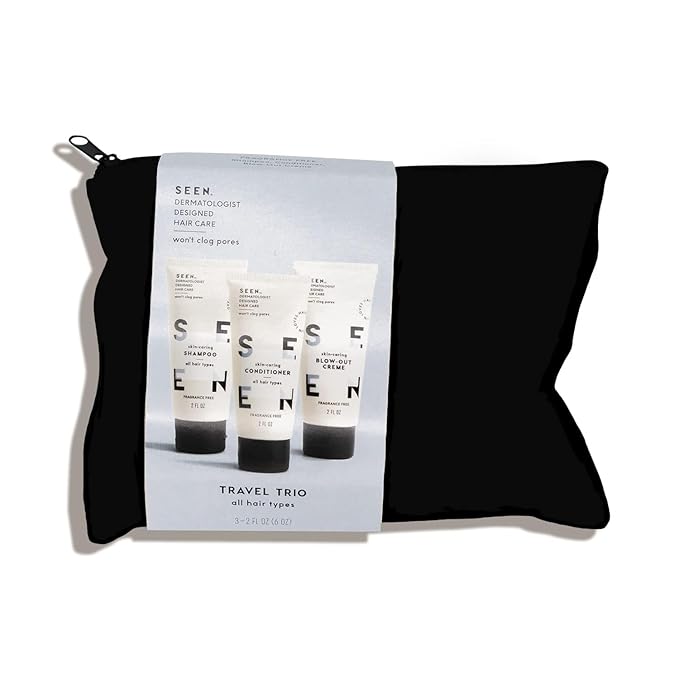 SEEN Travel Trio, Fragrance Free - Non-Comedogenic & Sulfate-Free Blow-Out Hair Cream, Shampoo & Conditioner Set- Reduces Frizz- Heat Protectant- Safe for Sensitive & Eczema Prone Skin