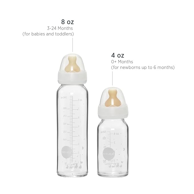 HEVEA Standard Neck Glass Baby Bottles - Natural Rubber Medium Flow Nipples - Anti Colic Baby Bottles for Breastfeeding Babies - 3+ Months - BPA-Free, Two-Pack (8 Oz)
