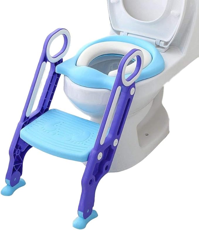 Potty Training Toilet Seat with Step Stool Ladder for Kids and Toddlers Adjustable Toilet Training Seat with Soft Not-Cold Padded Seat Safe Handles and Non-Slip Wide Steps, Purple and Blue