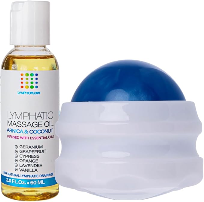 Arnica Coconut Lymphatic Drainage Massage Oil 2oz & Fibro Roller Lymphatic Drainage Massage Roller Ball Bundle, for Fibrosis Treatment, Manual Lymph Drainage & Post Surgery Recovery