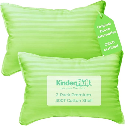 kinder Fluff Pre-Teen Pillows (2-Pack) 17x26in – Pillows for Kids Age 12+, 100% Cotton Sateen Stripes 300T, Down Alternative Fill, Machine Washable – Travel Cushions – Green – XL