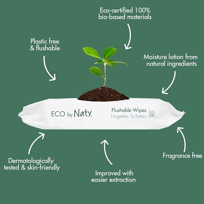 Naty Flushable Toddler & Baby Wet Wipes | Plant-Based, Water-Based for Sensitive Skin | Natural & Unscented Potty Training Wipes | Water-Degradable, Plastic-Free, Fragrance-Free | 504 Count (12 Packs)