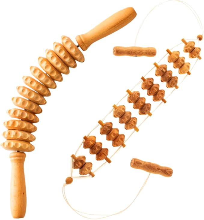 Mr.Woodware Wood Therapy Massage Tools - 2 Pcs Wooden Lymphatic Drainage Curved Roller Stick & Back Massager with Rope Massage Kit - Wood Massage Tools for Body Shaping, Sculpting, Maderoterapia