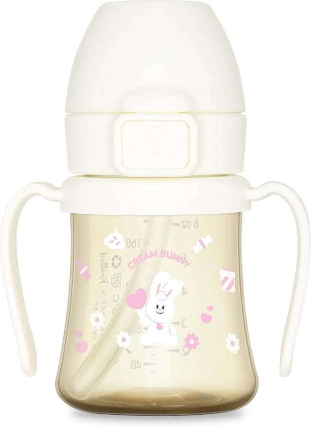GROSMIMI x KNOTTED Flip Top Spill Proof Sippy Cup, PPSU, BPA Free, Stage 2 Straw for Toddlers (Cream bunny 6oz)