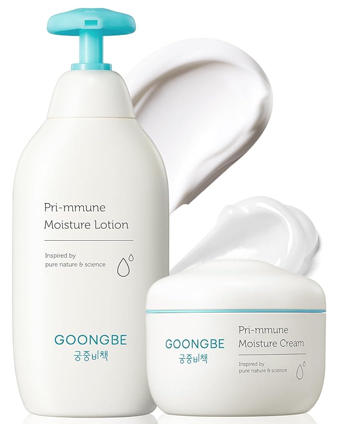 GOONGBE Pri-mmune Moisture Lotion & Cream - Korean Baby Moisturizer - Hypoallergenic Moisturizing & Calming Daily Moisturizer - Fast Absorbing, Naturally Derived Non-Greasy, 11.8oz + 6.1oz.