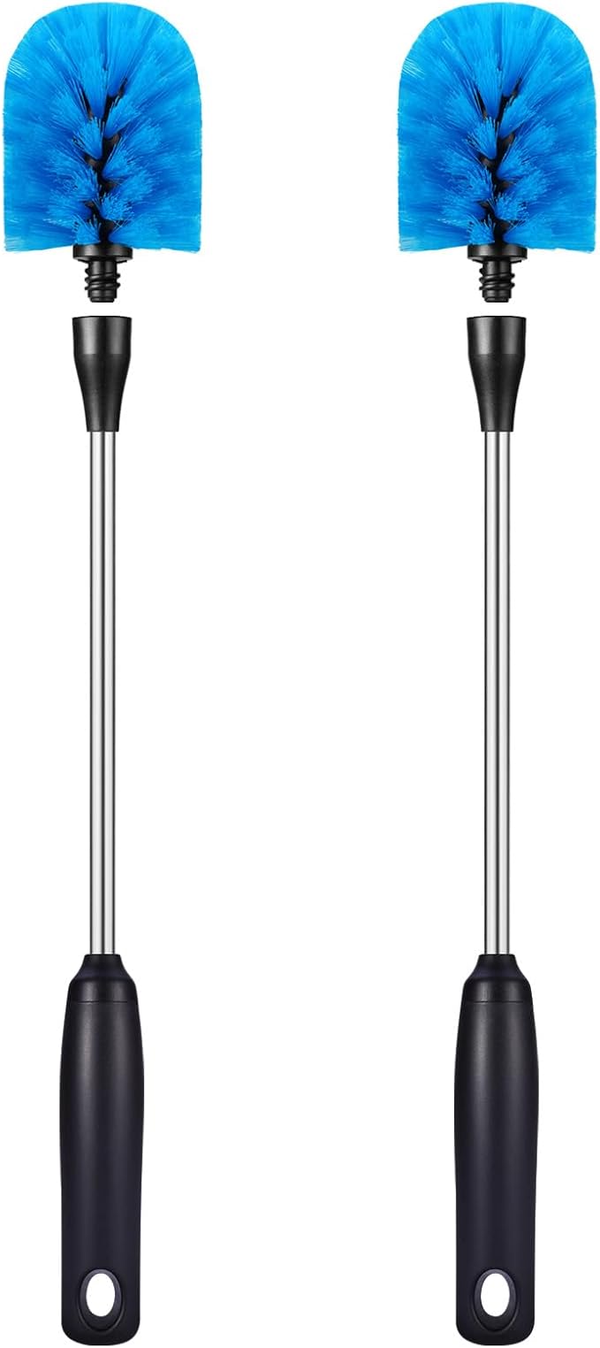 Stainless Steel Bottle Brush with Replaceable Head, Long Handle Scrub Brush for Water Bottles, Glasswares, Mugs, Flasks, Tumblers, Vases, and Kitchen Sink, 2 Pack, 15 in