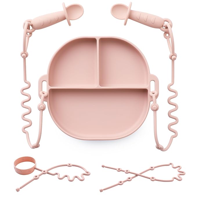 Andy Bear Silicone Plates for Babies with Suction Divided Baby Spoons Silicone Baby Toy Straps All-in-one Plates Silicone Placemat for Babies Toddlers Attachable Tethers & Built-in Suction Cups-Blush