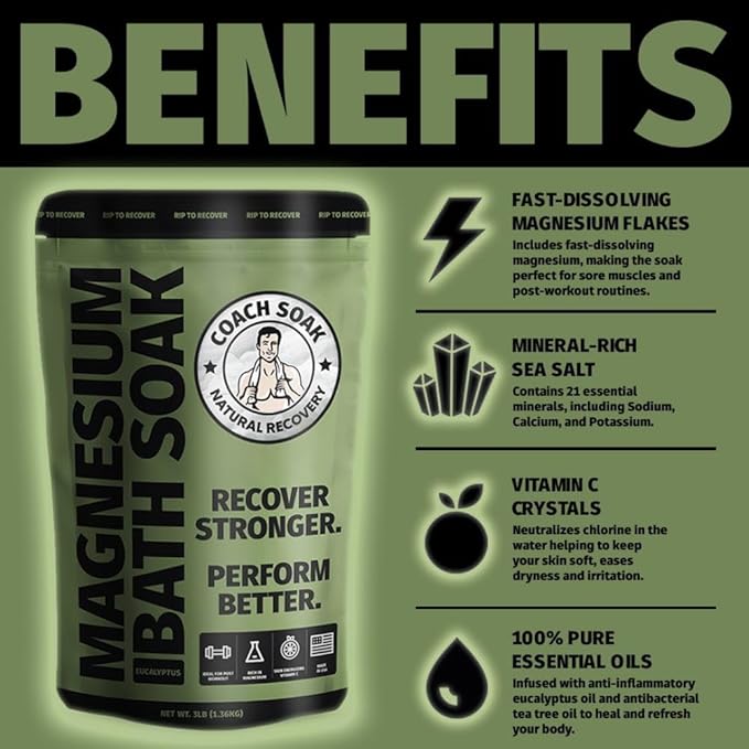 Coach Soak Recovery Bath Soak - Alternative to Epsom Salt Bath Soak - Fast-Absorbing Pure Magnesium Flakes with 21 Minerals, Bath Salts & Essential Oils - 3lbs, Eucalyptus Tea Tree