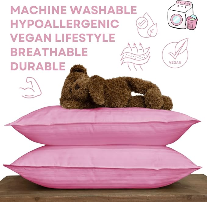 kinder Fluff Children Pillows (2X) 16x24in- The Only Twin Pillows for Kids 300T Cotton Shell & Down Alternative Fill - Ideal for Travel, Bedding Set & Floor Cushions- Pink- L