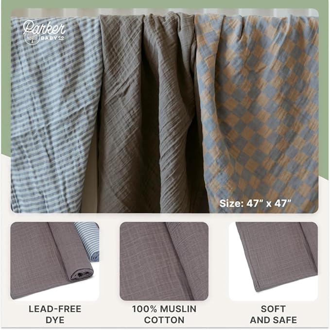 Parker Baby Co. Swaddle Blankets - Pack of 3 of 100% Cotton Muslin Swaddle Blankets for Baby Boys and Girls - Unisex/Gender Neutral - Stormy Set