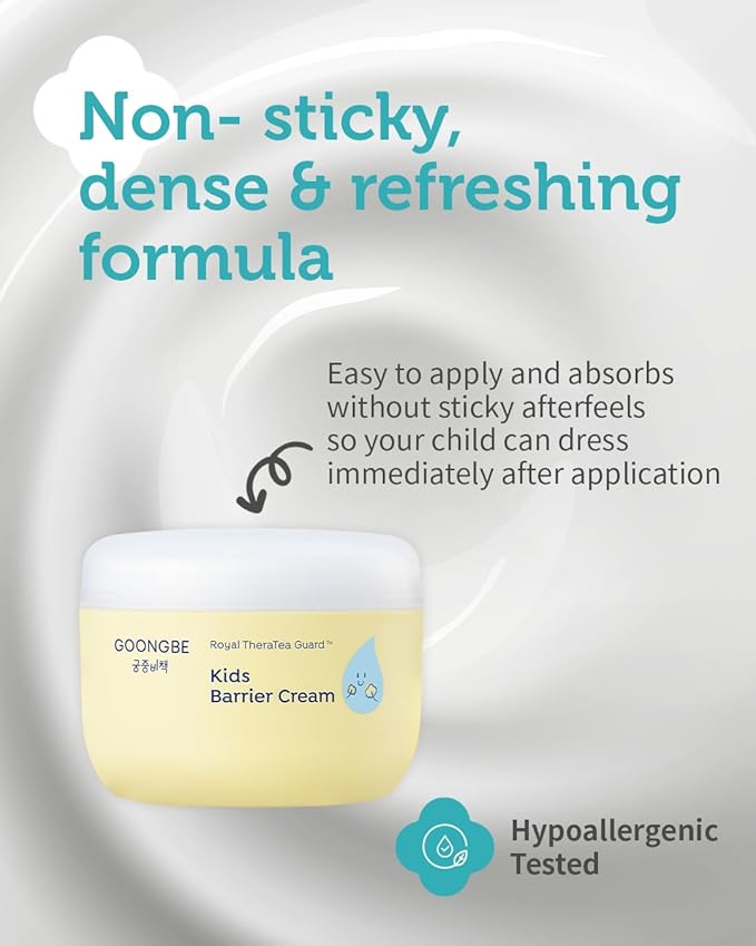 GOONGBE Kids' Barrier Cream - Korean Kids Daily Intensive Moisturizing Cream for Face and Body - Improves Skin Barrier & Soothing Rough Skin with Cica and Panthenol - Allergen Free Scent, 6.08 oz.