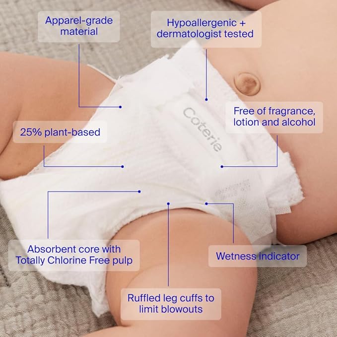 Coterie Baby Wipes + Diapers Kit, Size 1 (99 Count) & Size 2 Diapers (186 Count), 4 Pack (224) Baby Wipes with 99% Water, Plant Based Materials, Hypoallergenic for Sensitive Skin