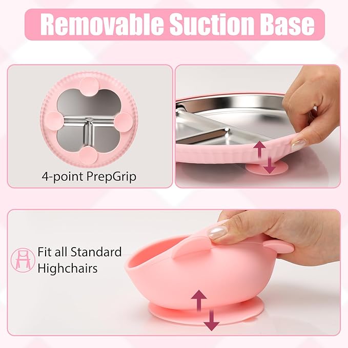 Stainless Steel Kids Plates and Bowls with Suction, Divided Baby Plate and Toddler Bowl with Removable Silicone Suction, Non-Slip Baby Feeding Set Dishwasher Safe, 4 Packs