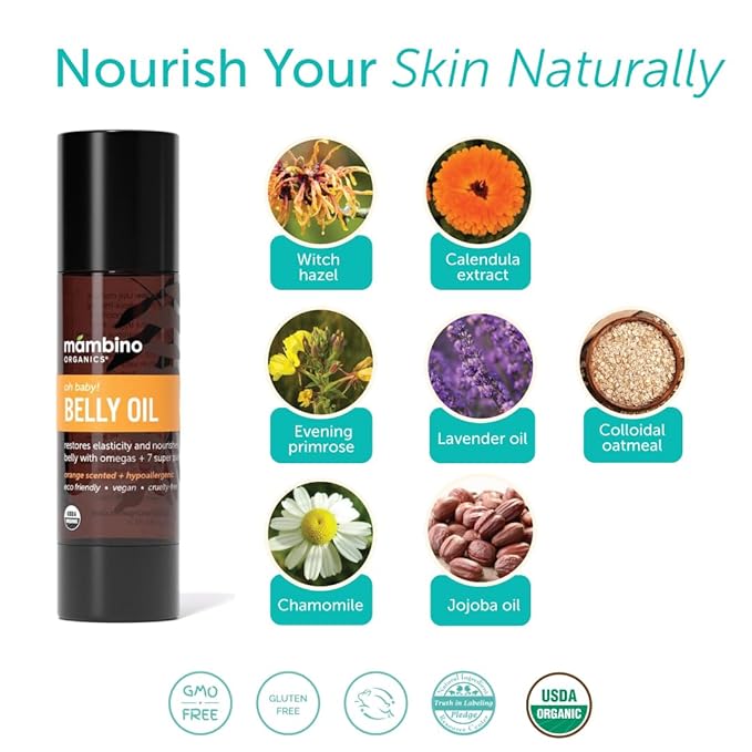 Mambino Organics Oh Baby! Belly Oil for Pregnant Women, Organic Stretch Mark Oil for Pregnancy, Postpartum Skin Elasticity, Hydration, Tamanu, Shea Butter, Calendula, Vegan, Non-GMO, 4 fl oz, 2-Pack