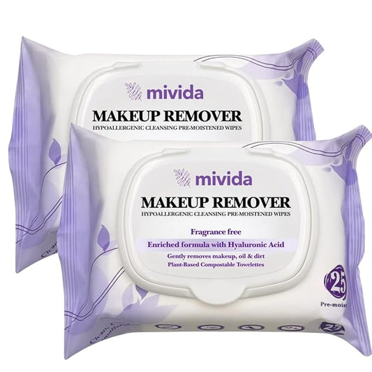 mivida Hypoallergenic Makeup Remover Wipes | 2 Pack of 25 Count With Hyaluronic Acid | Fragrance Free, Alcohol Free, Plant Based Wipes