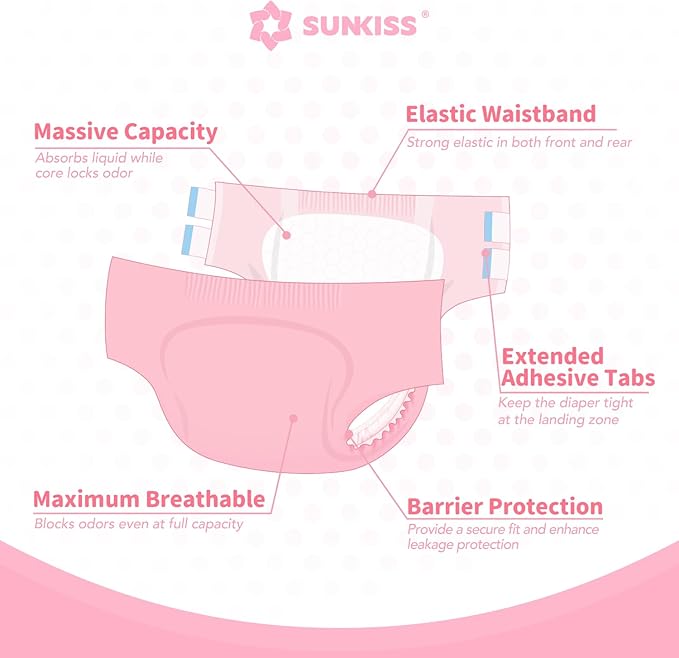 SUNKISS Masterpiece Adult Diapers with Tabs, Unisex Disposable Incontinence Briefs for Women and Men, Odor Control, Pink, Small/Medium, Previously M, 40 Count (4 Packs of 10)