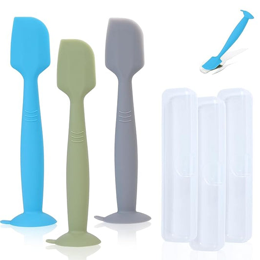 Baby Diaper Cream Spatula Applicator 3 Pack(with 3 Travel Case), Butt Paste Spatula Soft Silicone,Diaper Rash Cream Applicator, Baby Essentials Must Haves Newborn Stuff (Green Grey Azure)