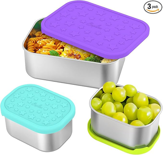 SOPHICO Stainless Steel 24 OZ Snack Containers for Kids，Food Storage Container with Silicone Lid - Perfect 304 Metal Toddler Lunch Box for Daycare and School, Leak Proof （Purple）