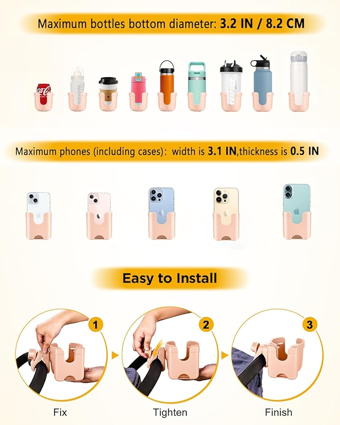 Universal Stroller Cup Holder with Mobile Phone Case, 2-in-1 Strollers Storage Rack, 360 Degrees Rotation Drink Holder for Bike, Pushchair, Wheelchair, Walker,Bicycle, Fits Most Cups (Pink)