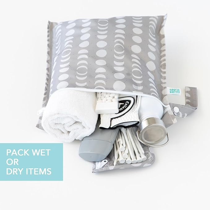 Bumkins - Waterproof Wet Bag & Clear Travel Bags - For Beach, Baby, Travel, Swim Suit, Cloth Diapers, Pump Parts, Pool, Gym, Toiletries - Reusable & Easy to Clean - Lunar Gray - 4 Pack