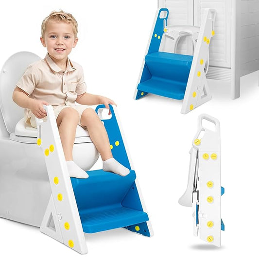 Potty Training Seat, Upgrade Foldable Step Stool, Climbable and Easy to Carry Handles, Adjustable for Different Toilet Heights, Attachment with Stable Structure for Boys and Girls