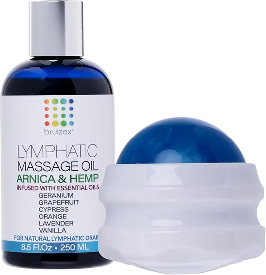 Arnica & Natural Hemp Seed Lymphatic Drainage Massage Oil & Fibro Roller Lymphatic Drainage Massage Roller Ball Bundle, for Fibrosis Treatment, Manual Lymph Drainage & Post Surgery Recovery