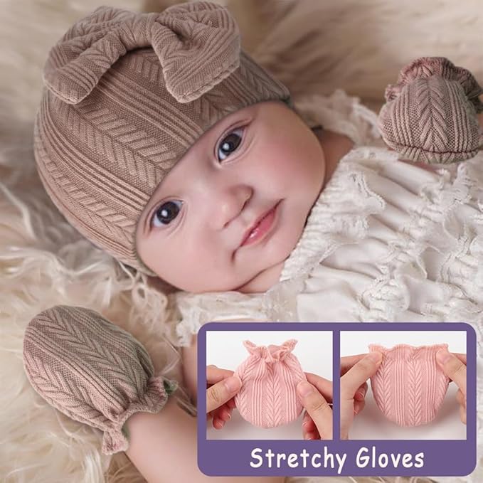 Newborn Baby Hats and Mittens Set Infant Bow Beanie Cap Toddler Gloves Newborn Hospital Hats for Baby Boy Girl 0-6 Months