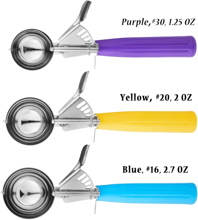 Ice Cream Scoop Set, 3 PCS Cookie Scoops, Disher, Muffin Scoops, Cupcake Scoop - #16 (2.7 oz), #20 (2 oz), #30 (1.25 oz), For Cookie, Ice Cream, Muffin, Side Dish, Mashed Potatoes