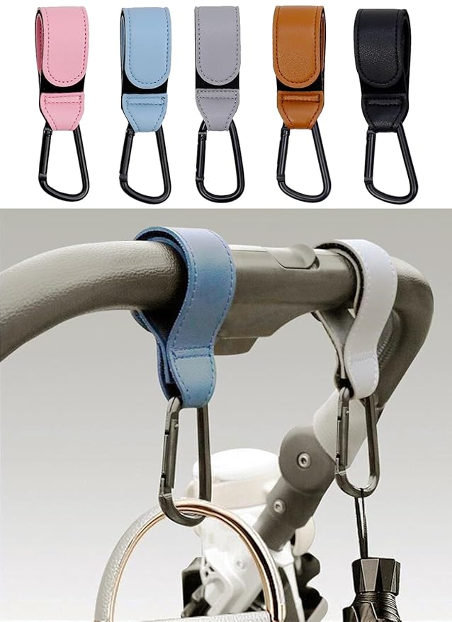 5 Pack Colorful Baby Stroller Hooks Clip for Hanging, Universal Stroller Carabiner Clip,Mommy Hook for Diaper Bag, Purse, Holder Adjustable PU Leather Hanger Clips, Gift for Babys Mom