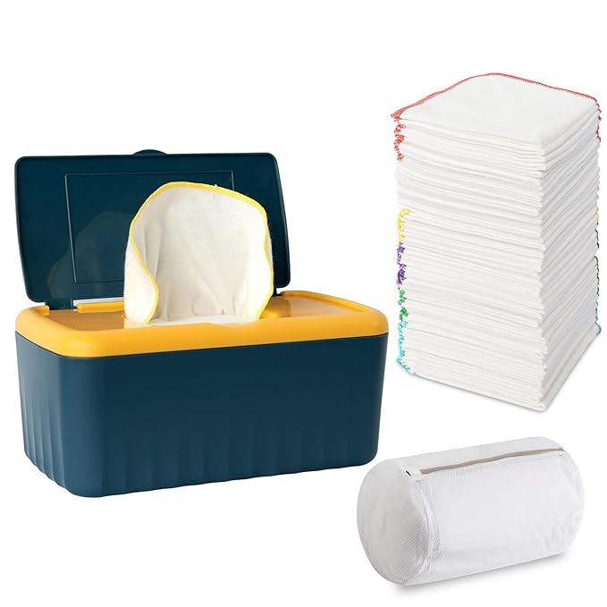 54 Packs Flannel Reusable Baby Wipes with Blue Wipes Dispenser, Reusable & Natural Skin-Friendly Cloth Baby Wipes, Body Face Hand Washcloth Essential for Cloth Diapers