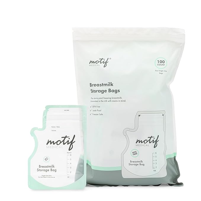 Motif Medical Breastmilk Storage Bags - Breastmilk Freezer Bags w/Easy Pour Spout, Write-On Label - Leak-Proof Double Zipper Milk Bags for Breastmilk - Breastfeeding Mom Gifts (6 oz, 100 Count)