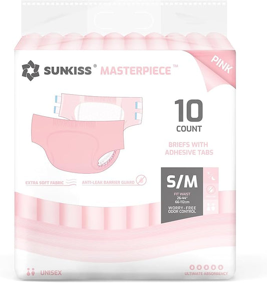 SUNKISS Masterpiece Adult Diapers with Tabs, Unisex Disposable Incontinence Briefs for Women and Men, Odor Control, Pink, Small/Medium, Previously Medium,10 Count