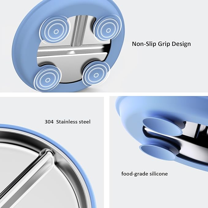 Stainless Steel Toddler Plate with Suction 2Pack, 9” Divided Kids Plates with Silicone Suction for Baby Self Feeding, Non Toxic Non Slip Unbreakable Snack Dishes Dinnerware Set, Blue & Sage