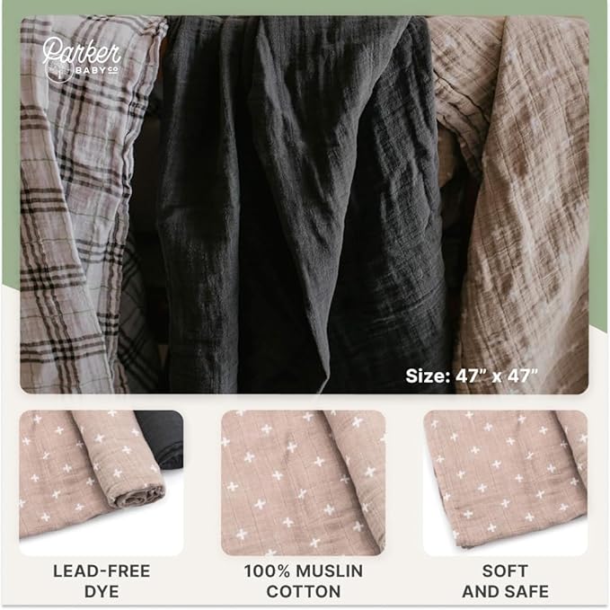 Parker Baby Co. Swaddle Blankets - Pack of 3 of 100% Cotton Muslin Swaddle Blankets for Baby Boys and Girls - Unisex/Gender Neutral - Classics Set