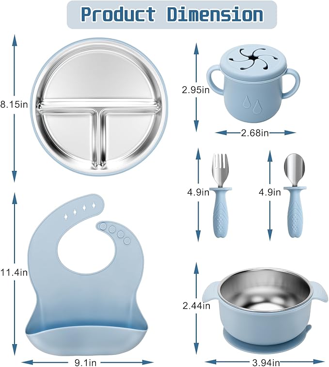 Stainless Steel Kids Plates and Bowls Set with Suction, Divided Baby Plate and Toddler Bowl with Removable Silicone Suction,Stainless Steel Weaning Bundle, Silicone Baby Feeding Set (Blue)