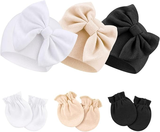 BQUBO Newborn Girls Hats Baby Hat and Mittens Set Infant Caps Bow Hospital Beanie with No Scratch Mittens for Baby Boys Girls