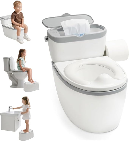 3-in-1 Toddler Potty Training Toilet, for Ages 6 Months+, Realistic Potty Training Seat with Flushing Sound, Wipes Storage, Toilet Paper Holder
