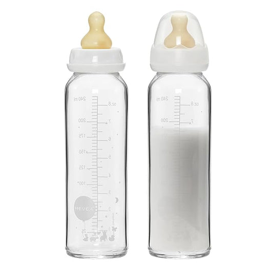 HEVEA Standard Neck Glass Baby Bottles - Natural Rubber Medium Flow Nipples - Anti Colic Baby Bottles for Breastfeeding Babies - 3+ Months - BPA-Free, Two-Pack (8 Oz)