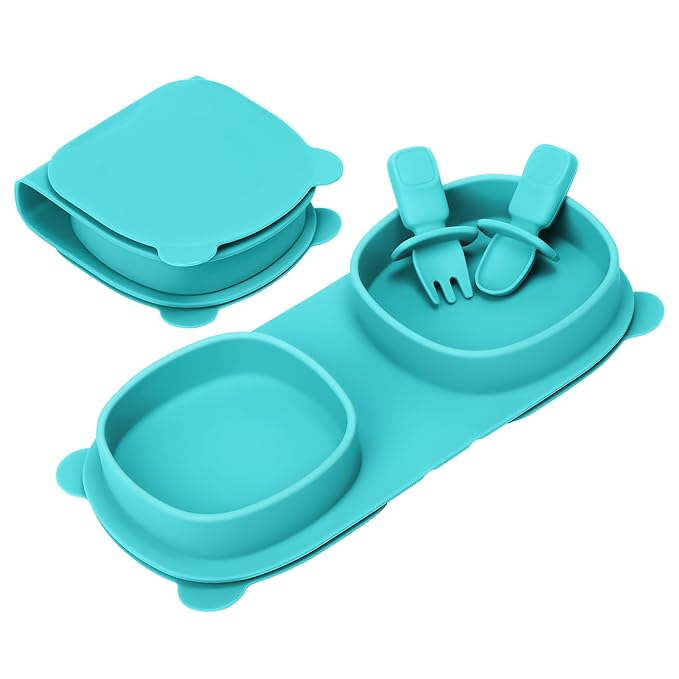 Baby Plates with Suction with Forks and Spoons,Foldable Silicone Toddler Plates,Baby Travel Essential,Microwave & Dishwasher Safe,Aqua