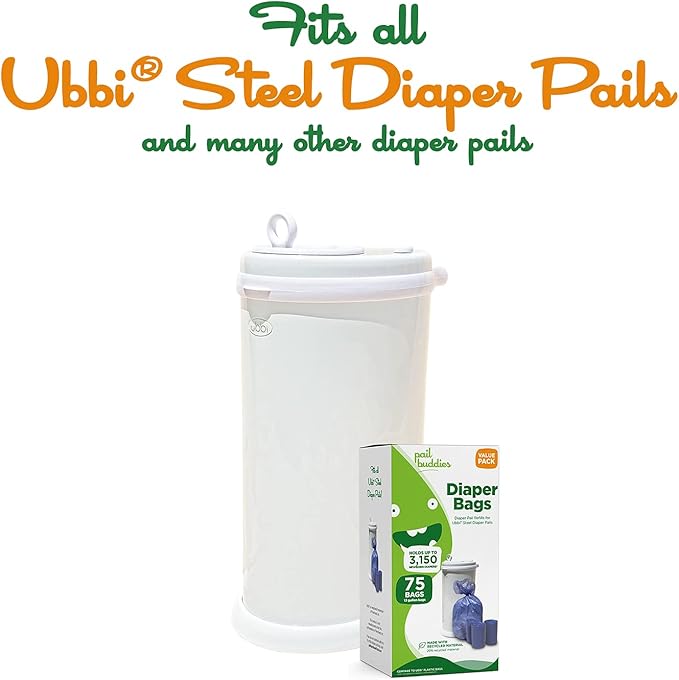 Pail Buddies Diaper Bags, 75 Count, Fresh Powder Scent, Compatible with Ubbi Diaper Pail, Made with Recycled Material, 13 Gallon Capacity, Strong and Durable