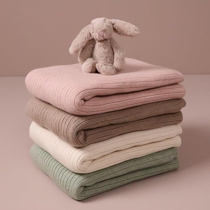 Knitted Organic Cotton Baby Blanket- Swaddle Blanket, 30" x 40" Soft Receiving Blanket for Newborn 2-Pack (Fog and Blush)