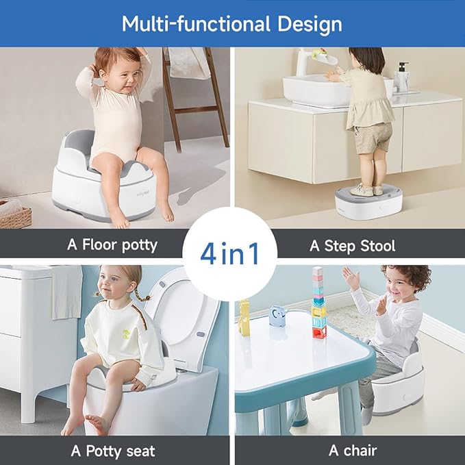 4 in 1 Toddler Potty, Floor Potty/Step Stool/Potty Seat/Comfortable Chair, non-slip base, easy cleanup for Girls Boys Age 1+ (Gray)