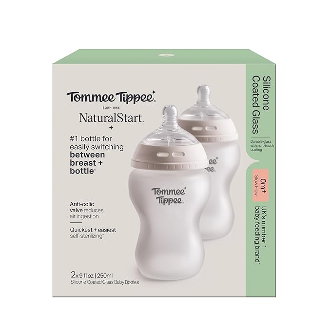 Tommee Tippee Natural Start Silicone Coated Glass Baby Bottles for Feeding from Newborn Up, 9oz, 2 Pack